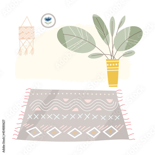 Boho home room interior, hygge decor furniture, cute house carpet on floor, home plant