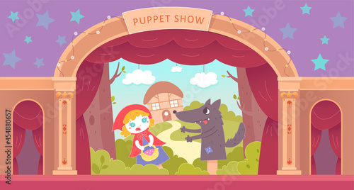 Puppet show on theater stage vector illustration. Cartoon puppet show with hand doll, entertainment performance background.