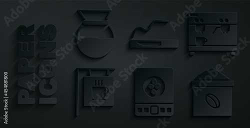 Set Electronic coffee scales, Coffee machine, Street signboard, Bag beans, Cigarette and Pour over maker icon. Vector