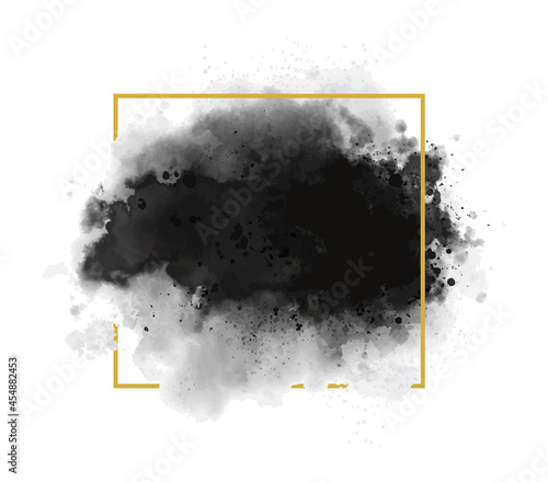 Black watercolor with gold line frame on white background grunge style vector illustration