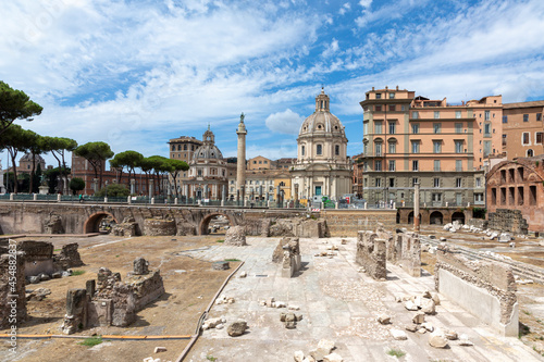 panoramic view at via dei Fori imperati with the antique rome with forum romanum and the archaelogical sites photo