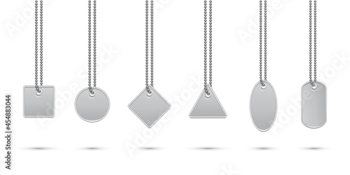 Grey price or label metal badges hanging on strings mockup template set. Blank cards for gifts or sales of different shapes with chains vector illustration: round, rectangle, square on white
