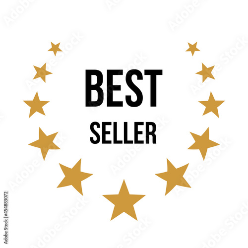 Best seller icon badge, label award seal stamp with gold stars and best seller text