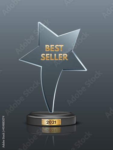 Trophy glass award in star shape, realistic modern cup prize with gold best seller text