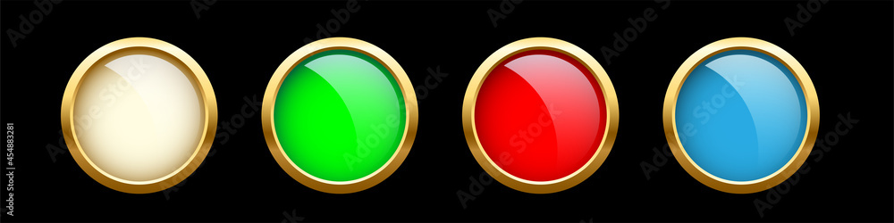 White, green, red, blue circles with golden frame line set. Round electric button shapes. Geometric fashion design vector illustration. Abstract art decoration on black background