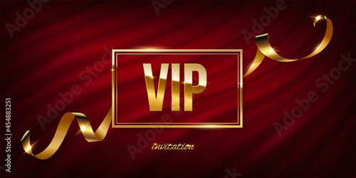 Vip golden frame invitation with wavy silk ribbon on curtain fabric, 3d gold certificate