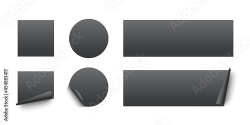 Black glued square, circle and rectangle stickers with curling edges. 3d blank paper labels vector illustration. Badges with twisted edges on white background