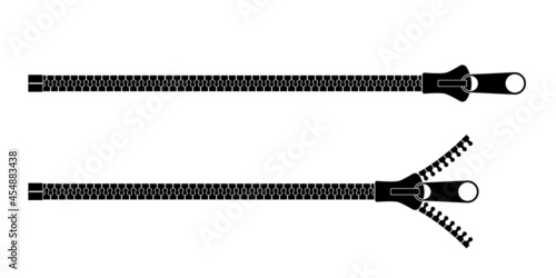Clothing fastener horizontal vector icons. Close up open and closed zippers for jacket and shirt clipart. Detailed black sewing accessories. Isolated design elements for clothes and textile.