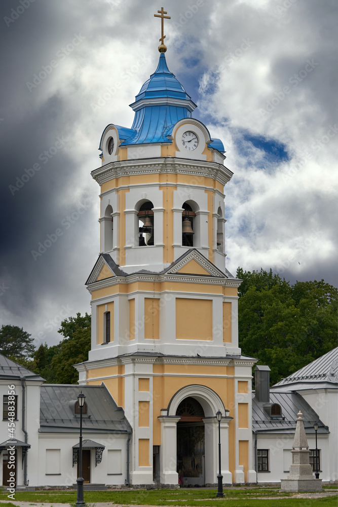 View of a modern Christian church with a blue roof