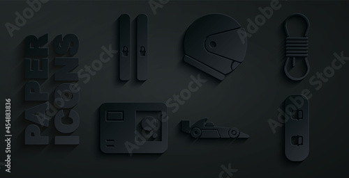 Set Formula 1 racing car, Climber rope, Action extreme camera, Snowboard, Helmet and Ski and sticks icon. Vector