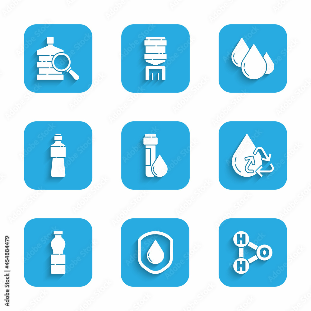 Set Test tube with water drop, Waterproof, Chemical formula for H2O, Recycle clean aqua, Bottle, and Big bottle icon. Vector Set Test tube with water drop, Waterproof, Chemical formula for H2O, Recycle clean aqua, Bottle, and Big bottle icon. Vector