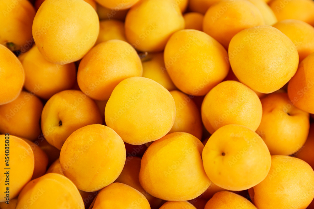 Lots of juicy fresh apricots. Vitamins and health from nature. Close-up. Top view. Background.