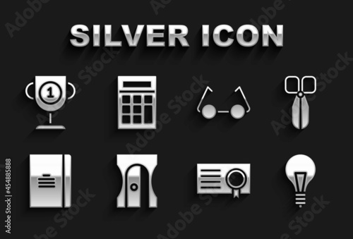 Set Pencil sharpener, Scissors, Light bulb with concept of idea, Certificate template, Spiral notebook, Glasses, Award cup and Calculator icon. Vector