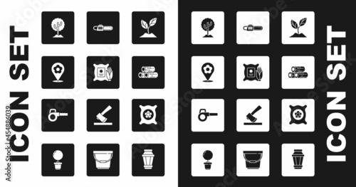 Set Plant, Corn in the sack, Location with flower, Tree, Wooden logs, Chainsaw, Pack full of seeds of plant and Leaf garden blower icon. Vector