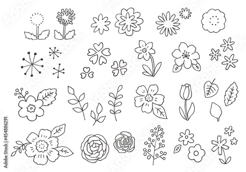 手描きの花イラストのセット（モノクロ）