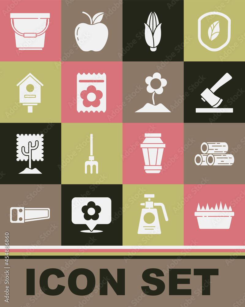 Set Fresh grass in a rectangular, Wooden logs, axe, Corn, Pack full of seeds of plant, Bird house, Bucket and Flower icon. Vector Set Fresh grass in a rectangular, Wooden logs, axe, Corn, Pack full of seeds of plant, Bird house, Bucket and Flower icon. Vector