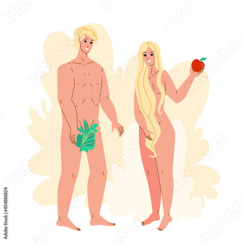 Adam And Eve Standing Together In Paradise Vector. Adam And Eve Holding Tree Leaf And Apple Fruit Stand Togetherness In Eden. Religious Characters Man And Woman Flat Cartoon Illustration