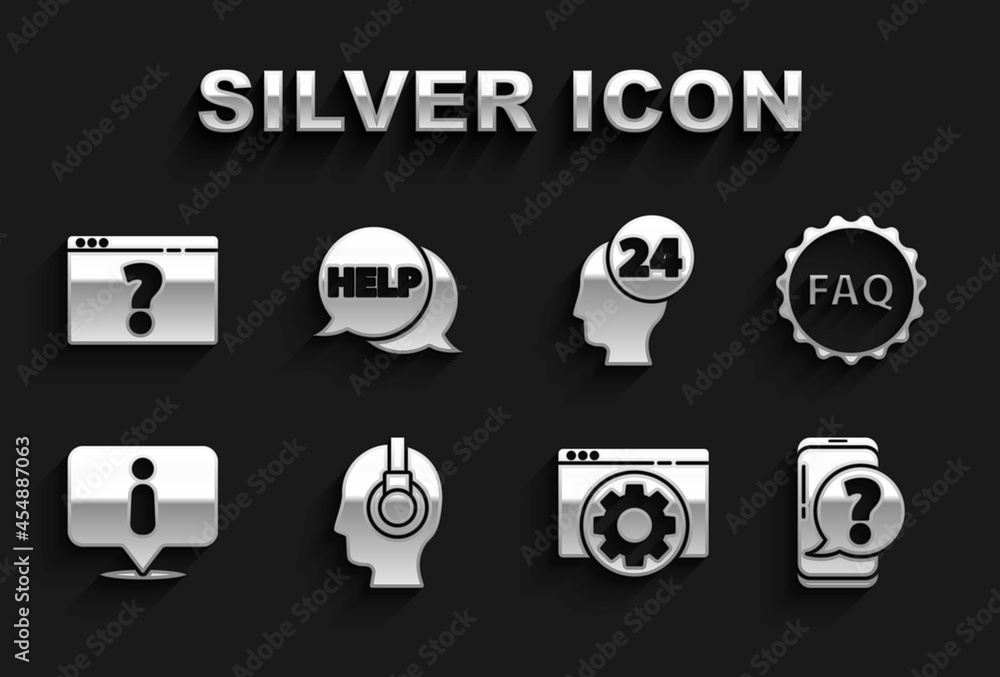 Set Support operator in touch, Label with text FAQ, Mobile phone question, Browser setting, Information, mark and Speech bubble Help icon. Vector Set Support operator in touch, Label with text FAQ, Mobile phone question, Browser setting, Information, mark and Speech bubble Help icon. Vector