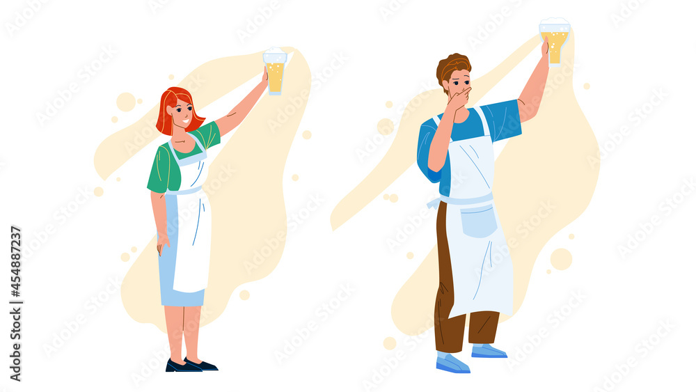 Beer Brewer Workers Look At Freshly Drink Vector. Young Man And Woman Beer Brewer Looking At Fresh Beverage Glass. Characters Factory Professional Occupation Flat Cartoon Illustration