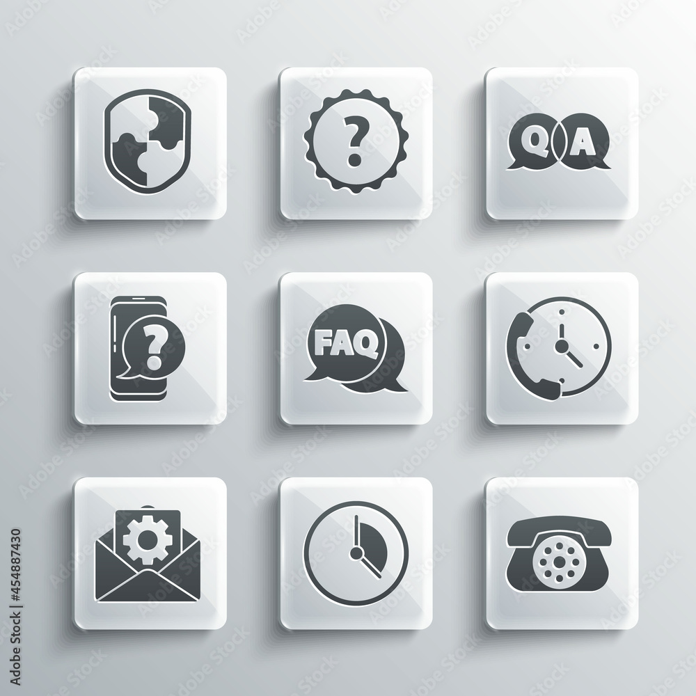 Set Time Management, Telephone, 24 hours support, Speech bubble with FAQ, Envelope setting, Mobile question, Shield and Question and Answer icon. Vector Set Time Management, Telephone, 24 hours support, Speech bubble with FAQ, Envelope setting, Mobile question, Shield and Question and Answer icon. Vector