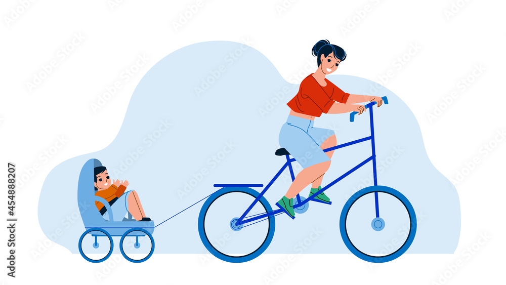 Mother And Son Riding Bike Trailer Outdoor Vector. Woman Ride Bicycle And Little Boy Child Sitting In Bike Trailer. Characters Active Time In Park Outside Flat Cartoon Illustration Mother And Son Riding Bike Trailer Outdoor Vector. Woman Ride Bicycle And Little Boy Child Sitting In Bike Trailer. Characters Active Time In Park Outside Flat Cartoon Illustration