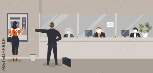 Bank office interior:Bank clerks sit behind barrier with glass, ATM or cash machine,bin.Elegant interior financial institution. Hall with bank counter with plant monstera in pot. Vector illustration