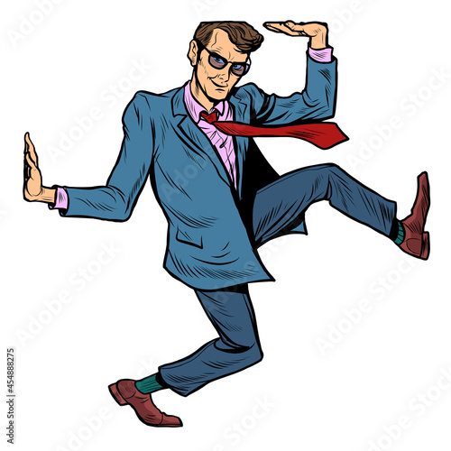 Funny businessman. Limitations and limits. A man in a suit in a funny pose
