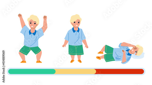 Boy Mood Laughing, Smiling And Offended Cry Vector. Little Kid Boy, Happy Play, Stand With Smile, Laying On Floor And Sobbing. Character Child Negative And Positive Emotion Flat Cartoon Illustration