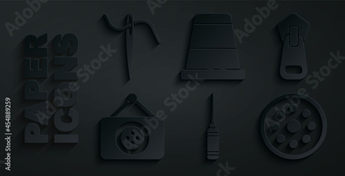 Set Awl tool, Zipper, Tailor shop, Sewing button, Thimble for sewing and Needle with thread icon. Vector