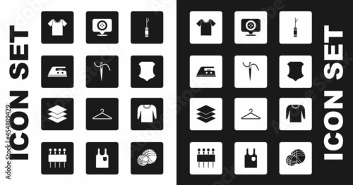 Set Awl tool, Needle for sewing with thread, Electric iron, T-shirt, Leather, Location tailor shop, Sweater and Layers clothing textile icon. Vector