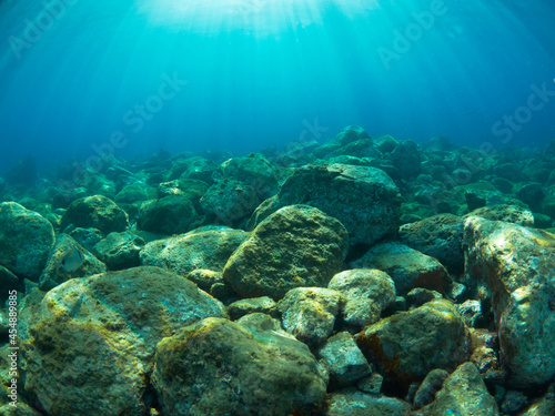 Fototapeta Naklejka Na Ścianę i Meble -  Underwater Mediterranean scene with rocks in a sunny day
