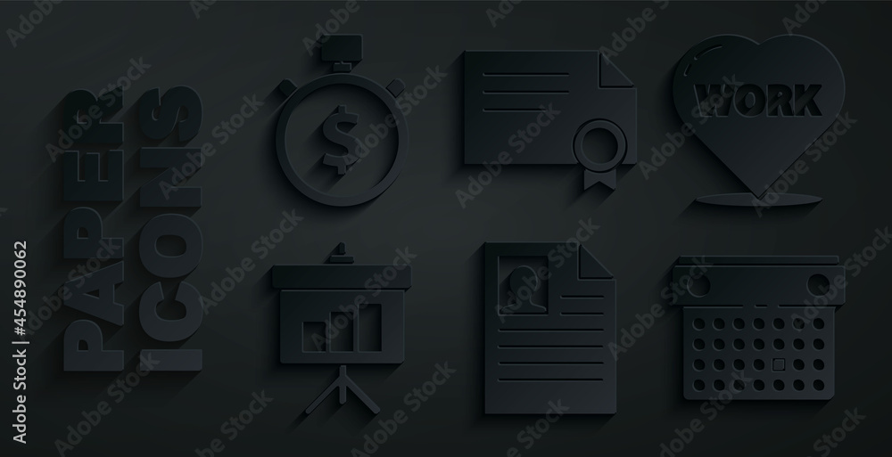 Set Resume, Heart with text work, Chalkboard diagram, Calendar, Certificate template and Time is money icon. Vector Set Resume, Heart with text work, Chalkboard diagram, Calendar, Certificate template and Time is money icon. Vector