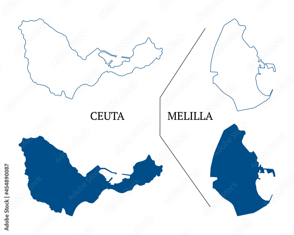 Ceuta and Melilla map vector, autonomous cities of Spain. High detailed