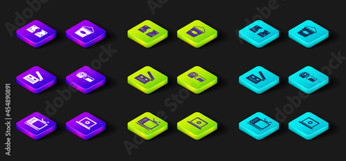 Set Retro tv, Online play video, Movie clapper, Cinema camera, Popcorn box and Stacks paper money cash icon. Vector