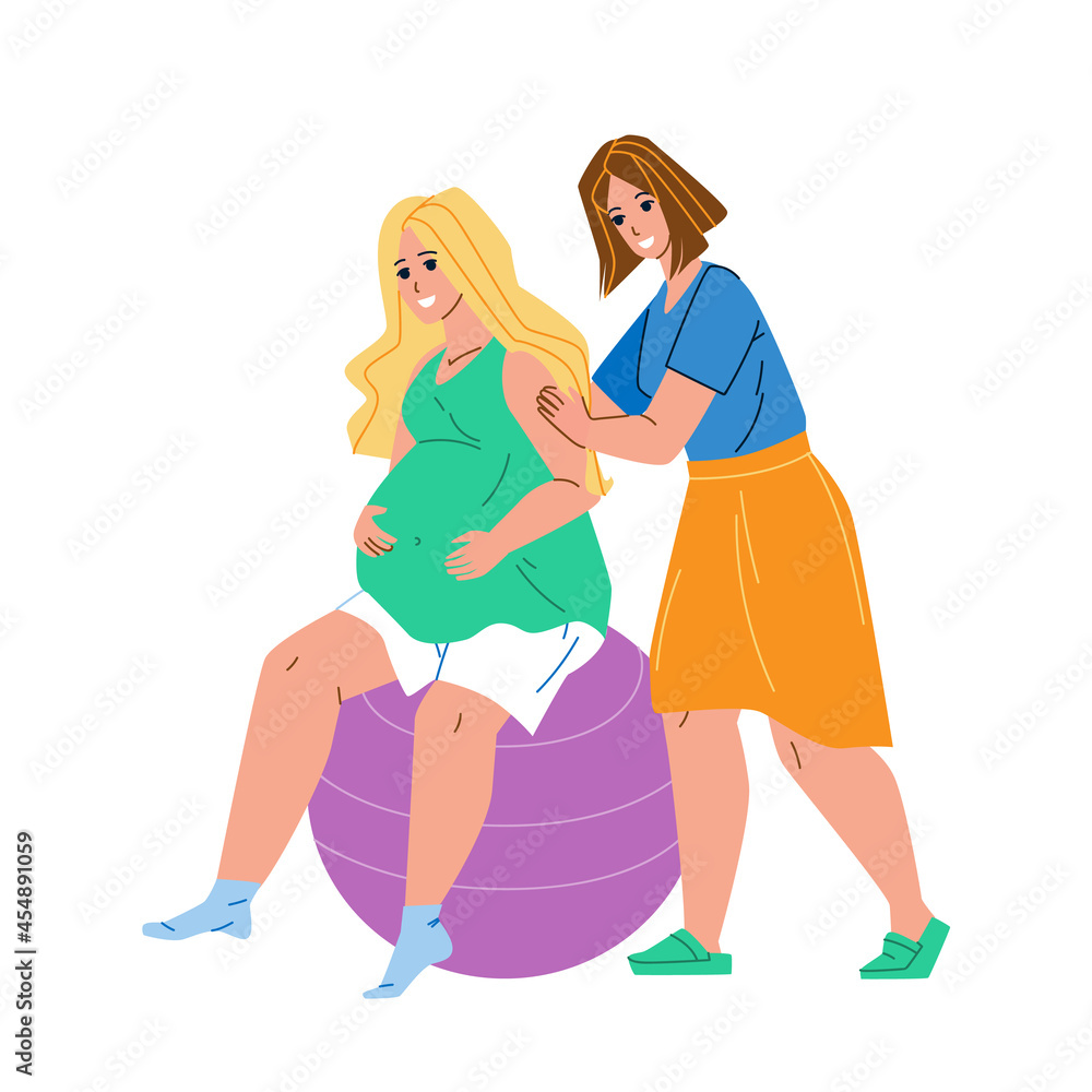 Doula Massaging Shoulders Of Pregnant Woman Vector. Pregnancy Girl Sitting On Inflated Ball Sphere And Doula Make Massage. Characters Helping Relax And Enjoy Flat Cartoon Illustration Doula Massaging Shoulders Of Pregnant Woman Vector. Pregnancy Girl Sitting On Inflated Ball Sphere And Doula Make Massage. Characters Helping Relax And Enjoy Flat Cartoon Illustration