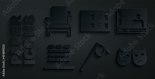 Set Microphone, Online play video, Cinema auditorium with seats, Comedy and tragedy masks, and chair icon. Vector