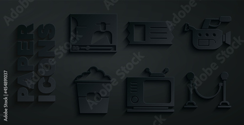Set Retro tv, Cinema camera, Popcorn box, Rope barrier, ticket and Online play video icon. Vector