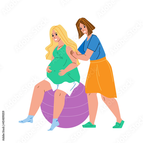 Doula Massaging Shoulders Of Pregnant Woman Vector. Pregnancy Girl Sitting On Inflated Ball Sphere And Doula Make Massage. Characters Helping Relax And Enjoy Flat Cartoon Illustration