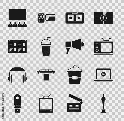 Set Movie trophy, Online play video, Retro tv, VHS cassette tape, Paper glass with straw, Cinema auditorium screen and Megaphone icon. Vector