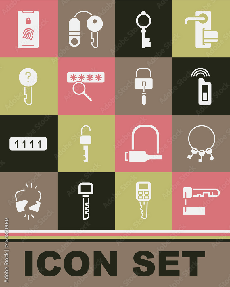 Set Marked key, Bunch of keys, Car with remote, Old, Password protection, Undefined, Mobile fingerprint scan and Lock picks for lock picking icon. Vector