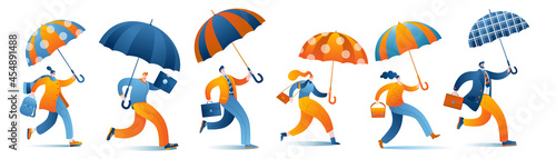 Characters with umbrellas and bags are having fun. A set of vector isolated illustrations in a flat style on the theme of autumn and going to work.