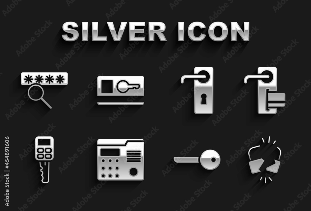 Set House intercom system, Digital door lock, Broken cracked, Key, Car key with remote, Door handle, Password protection and card icon. Vector Set House intercom system, Digital door lock, Broken cracked, Key, Car key with remote, Door handle, Password protection and card icon. Vector