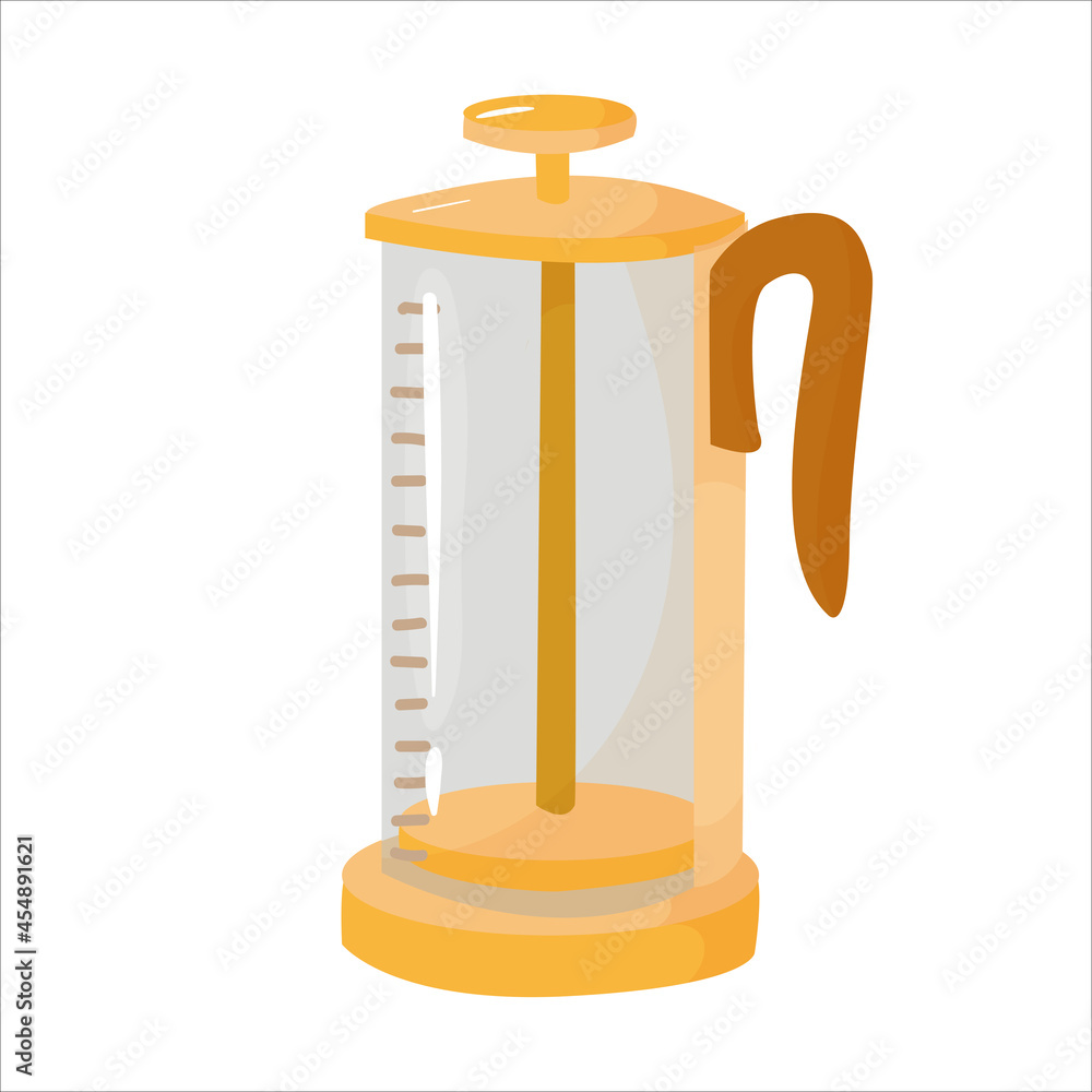 French press made of glass and metal in a cartoon style. Kitchenware. The aesthetics of coffee. Vector illustration isolated on white background. French press made of glass and metal in a cartoon style. Kitchenware. The aesthetics of coffee. Vector illustration isolated on white background.