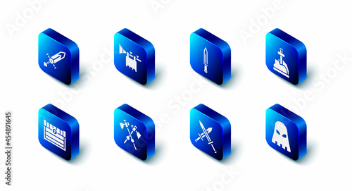 Set Trumpet with flag, Medieval sword, Sword in the stone, Executioner mask, Crossed medieval, axes, Antique treasure chest and icon. Vector
