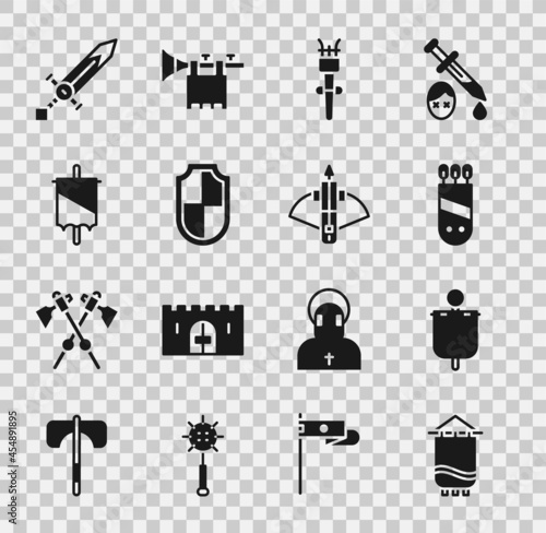 Set Medieval flag, Quiver with arrows, Torch flame, Shield, sword and Battle crossbow icon. Vector