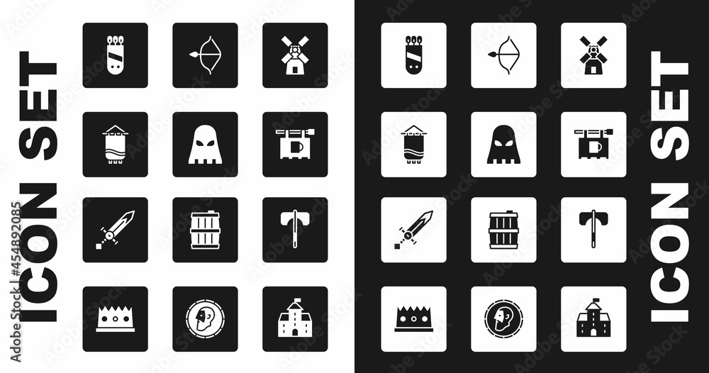Set Windmill, Executioner mask, Medieval flag, Quiver with arrows, Street signboard Bar, bow and, axe and sword icon. Vector Set Windmill, Executioner mask, Medieval flag, Quiver with arrows, Street signboard Bar, bow and, axe and sword icon. Vector