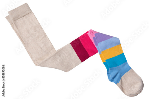 children's tights with multicolored rainbow stripes, tights laid out like a zig-zag arrow, on a white background
