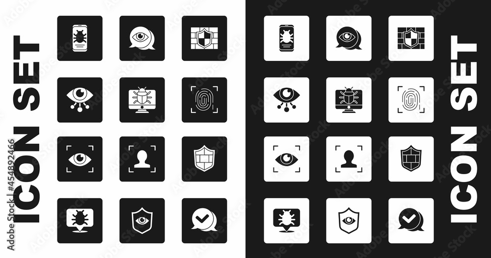 Set Shield with brick wall, System bug on monitor, Eye scan, mobile, Fingerprint, and icon. Vector Set Shield with brick wall, System bug on monitor, Eye scan, mobile, Fingerprint, and icon. Vector
