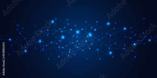 Abstract technology background with molecular structures, genetic engineering, molecules DNA, neural network, scientific research. Innovation concept of technology and science