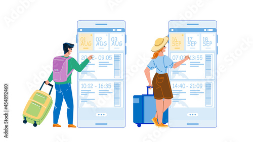 Flight Booking Online Phone Application Vector. Man And Woman Travelers Choosing And Buying Airplane Ticket On Smartphone, Flight Booking App. Characters Registration Flat Cartoon Illustration © sevector